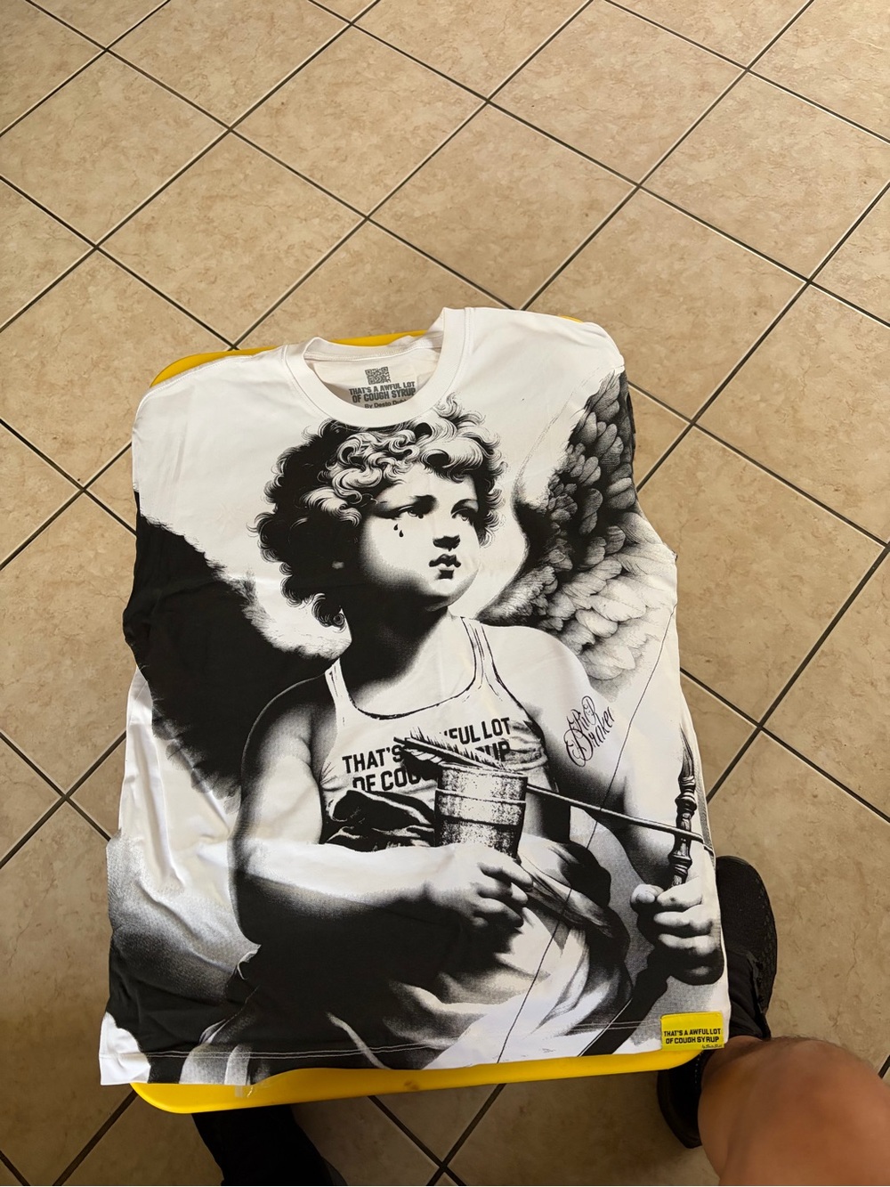 White Graphic Short Sleeve Tee with Cherub Print